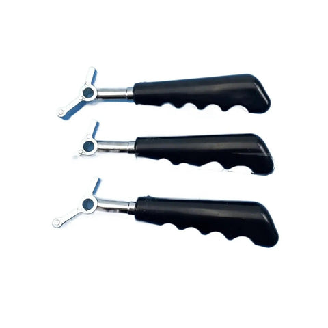 Three black handles with metal mounts, Front Panel Block Spare Part For Commercial Soft Serve Ice Cream Machines Built Tough For Busy Kitchens Heavy Duty Precision Crafted Standard Size Easy Install Fits Various Models High Quality Ice Cream Equipment Replacement Part