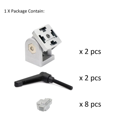 Two Pack 15 Series Aluminum Extrusion Profile Flexible Pivot Joint Connectors With Handles For 15x15 Rails, Aluminum Rail End Taps Included, Easy Assembly, Durable Aluminum Build, Perfect For Custom CNC Frames And DIY Projects. package contents shown: 2 pivot joints, 2 handles, 8 end taps