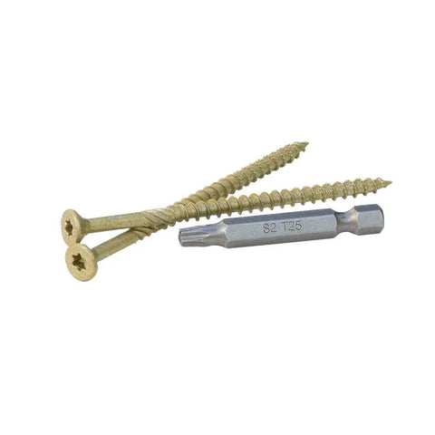Tough Number 10 By 3 Half Inch Decking Screws Featuring Six Lobe Drive And Galvanized Bronze Finish 180 Count Jar with included driver bit.