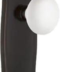 Prairie Plate Passage Door Hardware with White Porcelain Knob Two and Three Eighths Inch Backset Timeless Bronze Finish