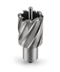 Close-up view of annular cutter with 3/4 inch Weldon shank and 1-3/16 inch cutting diameter, pilot pin