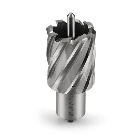 Close-up view of annular cutter with 3/4 inch Weldon shank and 1-3/16 inch cutting diameter, pilot pin