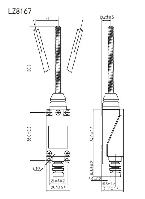 Technical drawing of Rock Solid Micro Limit Switch With Coil Spring Rod 1NO 1NC 5A 250VAC IP65