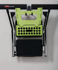 FastTrack Rail Garage Organization System With Multi-Purpose Hooks And 50 Lb Capacity Satin Nickel Wall Mounted showing green step stool.