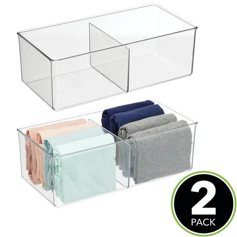 Two Compartment Clear Storage Box For Bedroom Organization BPA Free Plastic Clothes Organizer In Transparent Green Measures Six By Twelve By Four Inches Two Pack