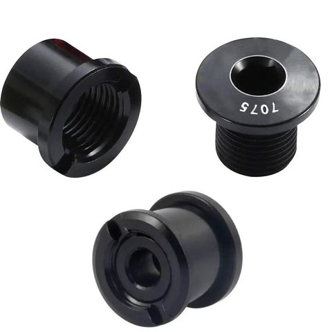 Close-up of black 10 Pack M8 Bike Chainring Bolts Set 7075 Aluminum Alloy Crankset Nuts Chain Wheel Screws for road, mountain, BMX bikes.