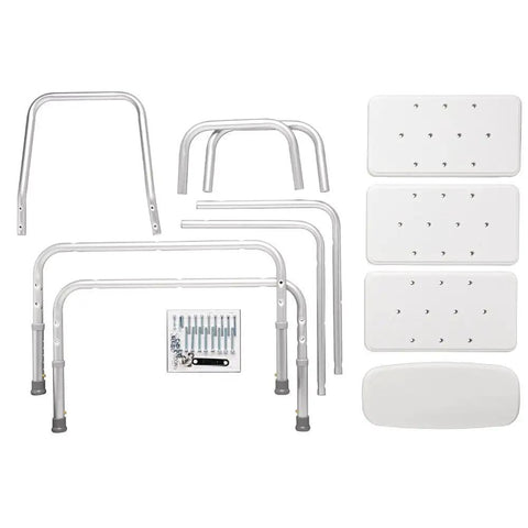 Components of Adjustable Bathroom Safety Transfer Bench White With 14 To 21 Inch Seat Height Push Pin Adjust Assembled
