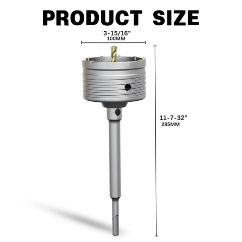 METOTY 4-inch concrete hole saw with 100mm cutting head and SDS Plus shank, metal gray, front view