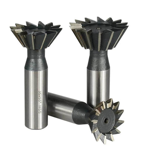 Three tungsten carbide dovetail milling cutters with straight steel shanks and 55-degree heads.
