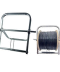 Heavy Duty Steel Cable Reel Dispenser Rack Delivers Tangle Free Cord Management With Smooth Rolling Base, side view with loaded cable spool.