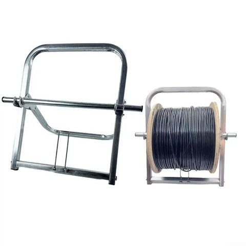 Heavy Duty Steel Cable Reel Dispenser Rack Delivers Tangle Free Cord Management With Smooth Rolling Base, side view with loaded cable spool.
