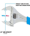 8 Inch Adjustable Wrench With Extra Wide Jaw Opening Up To One And A Half Inch For Big Nuts And Bolts In Tight Spaces shown with measurements