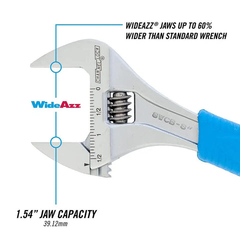 8 Inch Adjustable Wrench With Extra Wide Jaw Opening Up To One And A Half Inch For Big Nuts And Bolts In Tight Spaces shown with measurements