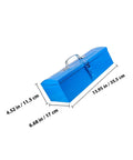 Heavy Duty Blue Metal Toolbox For Mechanics Portable Storage Case dimensions shown in a side view, measures 13.95x6.68x4.52 in.