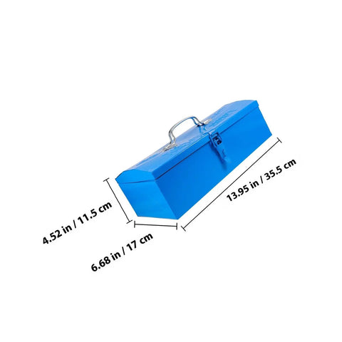 Heavy Duty Blue Metal Toolbox For Mechanics Portable Storage Case dimensions shown in a side view, measures 13.95x6.68x4.52 in.