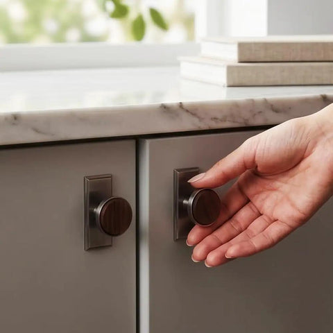 Hand using Nordic Style Cabinet Handles in walnut wood and zinc alloy for kitchen drawers, ergonomic single hole mount