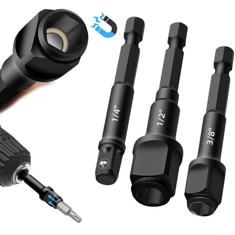 Driver Extension Socket Adapter Set 2 In 1 Hex Shank Converter Magnetic Screwdriver Attachment showing three sizes and magnet icon