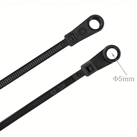 Black Heavy Duty 7.5 Inch Zip Ties With Mounting Screw Holes, UV Resistant Nylon 66, 50 Lbs Tensile, showing 5 mm holes