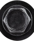 Close-up view of a black M4 specialty screw with a 7mm hex head, part of Pack Of Ten Tough Grade Black Instrument Panel And Door Trim Specialty Screws Metric M4 Thread X 25mm Seven Millimeter Hex Washers For No Sweat Dashboard Job.