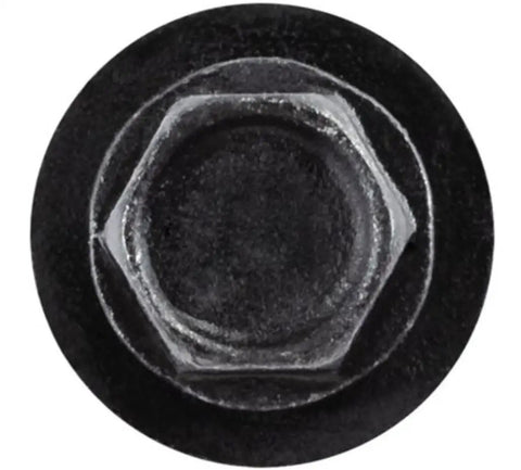 Close-up view of a black M4 specialty screw with a 7mm hex head, part of Pack Of Ten Tough Grade Black Instrument Panel And Door Trim Specialty Screws Metric M4 Thread X 25mm Seven Millimeter Hex Washers For No Sweat Dashboard Job.