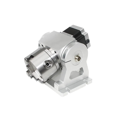 100 Millimeter Three Jaw Chuck Rotary Axis Adapter Runs Slick With Reliable Grip Precision Mount Kit For Fiber Laser Engraver CO2 Wood Carving Router And Welding Positioner Killer Quality Build side view of aluminum rotary axis mount with three jaw chuck
