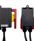 No Sweat Workshop Rig 120V Magnetic Knee Activated Emergency Stop Switch With 5.5 Foot Cord displayed from two angles.