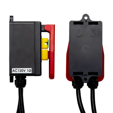 No Sweat Workshop Rig 120V Magnetic Knee Activated Emergency Stop Switch With 5.5 Foot Cord displayed from two angles.