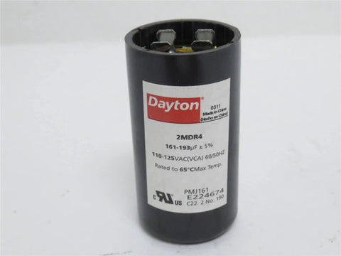 Built To Last Motor Start Capacitor 161 To 193 MFD 110V Round Molded Case Nonpolarized Electrolytic For Single Phase AC Motors That Resists Oil Dirt Moisture And Grease And Ready For Quick Starts And Easy Repairs, black Dayton capacitor with terminals