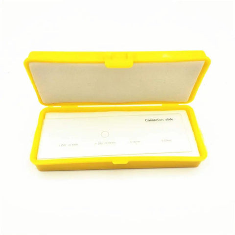Microscope Stage Micrometer Calibration Slide With Four Scales And 0.01mm Reticle Calibrating Ruler in open yellow case