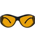 Front view of OD Six Plus Laser Safety Glasses 190 Nm To 490 Nm Spectrum Eye Protection, black frame, yellow lenses.
