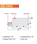 Dimension diagram of CV-15HS Rock Solid Heavy Duty Pneumatic Vacuum Generator with ports labeled for industrial use.