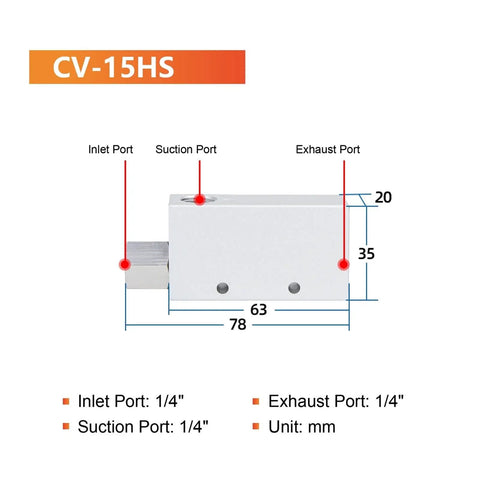 Dimension diagram of CV-15HS Rock Solid Heavy Duty Pneumatic Vacuum Generator with ports labeled for industrial use.