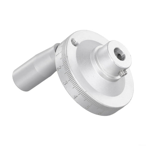 Top Shelf Aluminum Mini Handwheel, Rock Solid Manual Dial, Dead On Engraved Scale, 50Mm Slide Control For CNC Lathes And Shop Milling Tools, Slick Silver Finish, 8Mm Bore - close-up view.