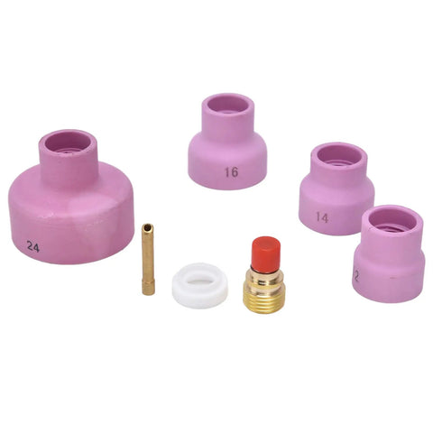 Pro Grade TIG Gas Lens Kit For WP9 WP20 WP25 Torch With Ceramic Nozzles 12, 14 X2, 24 Copper Electrode Holder And PTFE Front Cover