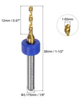 Close-up view of a Ten Piece PCB Drill Bit Set One Eighth Inch Shank Titanium Coated Carbide Micro Twist Drill Bit with measurements.