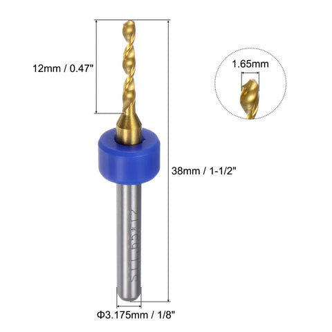 Close-up view of a Ten Piece PCB Drill Bit Set One Eighth Inch Shank Titanium Coated Carbide Micro Twist Drill Bit with measurements.
