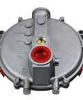 Gas regulator for natural gas; round silver metal body with red inlet port, low-pressure, threaded outlet