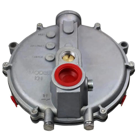 Gas regulator for natural gas; round silver metal body with red inlet port, low-pressure, threaded outlet
