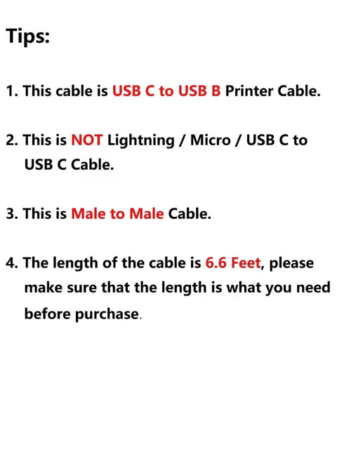 Tips and specifications for USB C To USB B Printer Cable 6.6 Foot Type B To Type C Printer Cord displayed on text image.