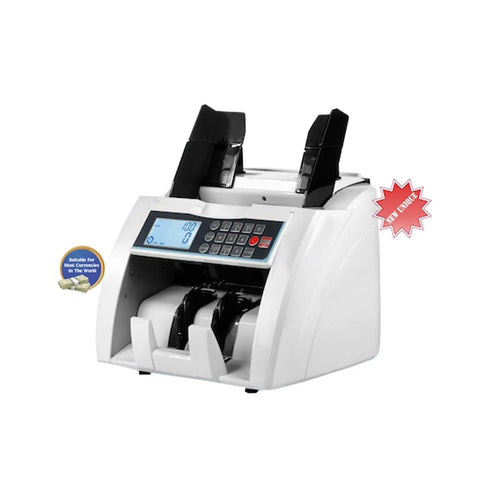 Slick Heavy-Duty Automatic Money Counter Machine For Multi Currency Rolls With Built-In Metal Detection And Bright External Display showing its digital panel and hopper.