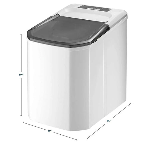 No Sweat Countertop Bullet Ice Cube Maker With 1.1 Liter Tank, compact size, 12x9x13 inches for quick ice production.