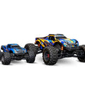 Blue Mini Maxx BL2S 4X4 Monster RC Truck Ready To Roll With Brushless Power Waterproof ESC Battery And Charger Included 30 Plus MPH Top Speed Clipless Body Mount Two Point Four GHz, shown beside another monster truck for size comparison.