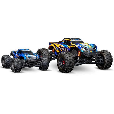 Blue Mini Maxx BL2S 4X4 Monster RC Truck Ready To Roll With Brushless Power Waterproof ESC Battery And Charger Included 30 Plus MPH Top Speed Clipless Body Mount Two Point Four GHz, shown beside another monster truck for size comparison.