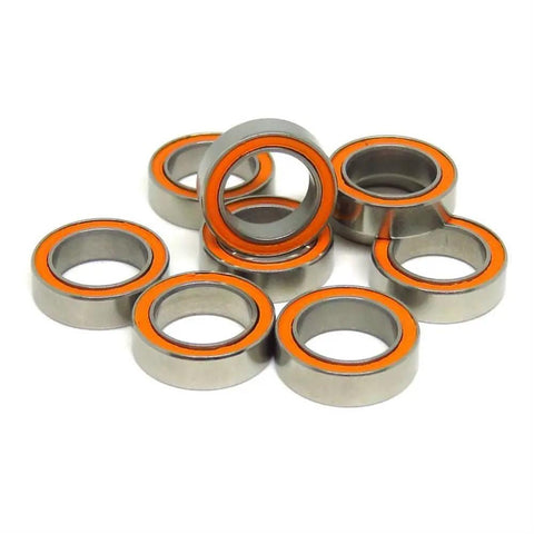 10 Piece Slick Hybrid Ceramic Ball Bearings SMR148C 8x14x4mm Abec 7 Shielded Rings stacked with orange rings for smooth operation.