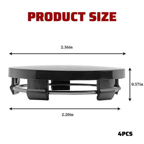 Top Notch 4 Pack Car Wheel Center Hub Covers, Tough ABS Snap In Hubcaps For Trucks Suv Pickup Rv, Universal Tight Fit For A Fresh Slick Ride Revamp Black size dimensions shown with diameter measurements.