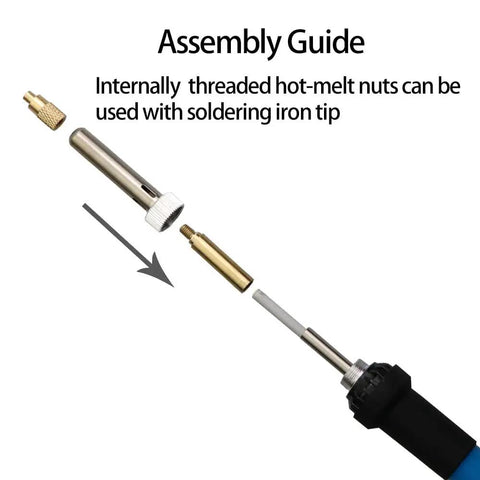 Hot Melt Heat Set Insert Tool Kit With Brass Knurled Nuts For M2 To M8 Tips And Embedding Adapters 3D Printed Parts Turns Your Pine64 TS100 TS101 Pinecil 936 900M Soldering Irons Into A Portable Insertion Press assembly guide