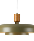 Mid Century Pendant Light 19 Inch Chandelier Featuring Bold Deep Green Shades Paired With Sleek Natural Wood And Polished Brass Accents.