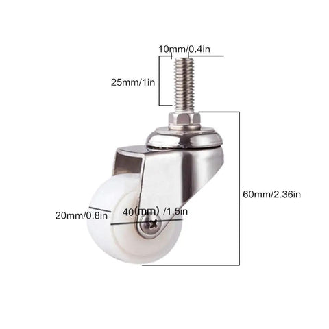 Slick White Pa Nylon Swivel Caster Wheels With Built Tough Stainless Steel Brackets showing dimensions 10mm stem, 40mm wheel.