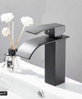 Waterfall Spout Deck Mount Bathroom Faucet Slick Matte Black Finish With Pop Up Drain No Overflow Modern Lavatory 304