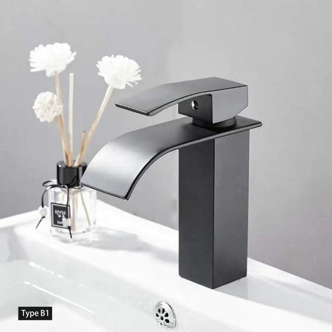 Waterfall Spout Deck Mount Bathroom Faucet Slick Matte Black Finish With Pop Up Drain No Overflow Modern Lavatory 304